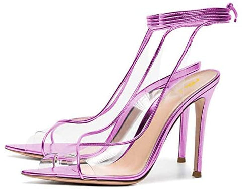 FSJ Women Sexy Stilettos High Heel Strappy Sandals Cross Strap Ankle Wrap Slingback Transparent Wedding Evening Dress Pumps Size 4-15 US