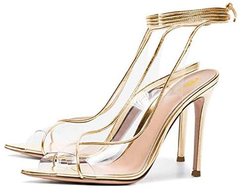 FSJ Women Sexy Stilettos High Heel Strappy Sandals Cross Strap Ankle Wrap Slingback Transparent Wedding Evening Dress Pumps Size 4-15 US