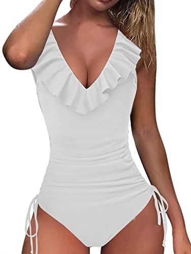 Zwurew Women Deep V Neck Ruffled Drawstring Swimwear One Piece Swimsuit Solid Bodysuit Monokini Bather Bathing Suit Beachwear