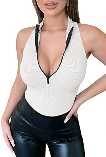 GAMISOTE Womens Deep V Neck Tank Tops Ribbed Halter Zip Up Slim Fit Shirts Sexy Clubwear