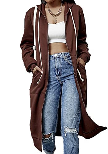 Dyexces Zip Up Hoodie Women Casual Pockets Tunic Sweatshirt Long Hoodie Jacket