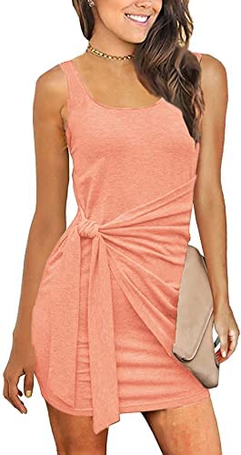 Women Sleeveless Ruched Tie Waist Sundress Tank Bodycon Mini Dress Basic Party Club Shirt Dress