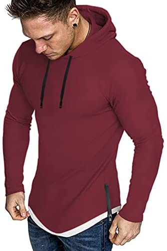 iWoo Mens Hooded T-Shirts Casual Lightweight Workout Hoodie Long/ Short Sleeve Hoodies Pullover Tee Tops Double Zips