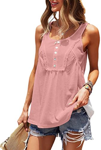 Womens Tank Tops Scoop Neck Waffle Sleeveless Vest Summer Solid Color Lace Cami Tees Shirts