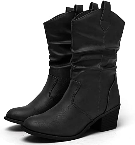 Katliu Women's Western Cowboy Boots Slouchy Chunky Heel Mid-Calf Boots with Pull-Up Tabs
