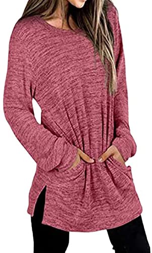 Women Loose Side Split Tunic T Shirt Casual Long Sleeve Sweatshirt Top with Pockets