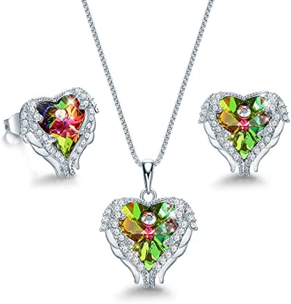 Angel Wing Love Heart Necklaces and Earrings Silver Jewelry Sets