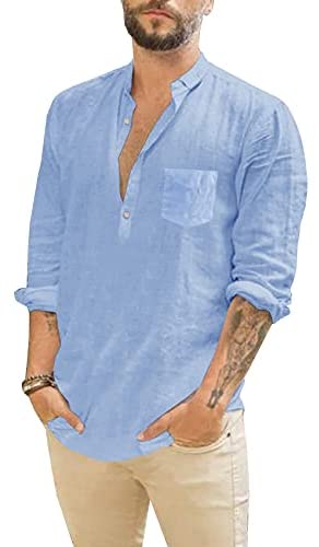 Men's Long Sleeve Henley Shirt Cotton Linen Loose Casual Hippie Tee Lightweight Summer Solid Beach Yoga Tops