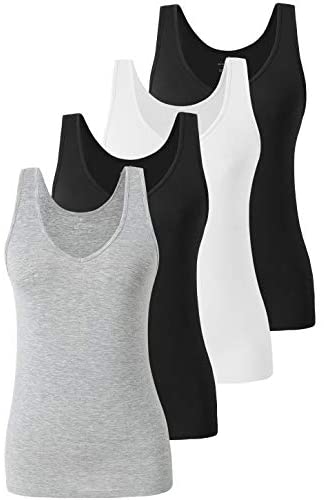 Xelky Womens 4 Pack Tank Tops V Neck Undershirt Lightweight Plain Sleeveless Shirts Stretch Basic Wide Strap Tanks(S-XXL)