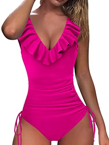 Zwurew Women Deep V Neck Ruffled Drawstring Swimwear One Piece Swimsuit Solid Bodysuit Monokini Bather Bathing Suit Beachwear