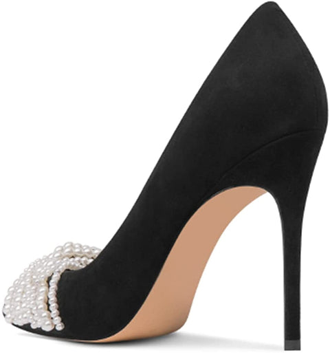 FSJ Women's White Pearl Strings Pointed Toe High Heel Pumps Stiletto Slip On Faux Suede Elegant Ladies Comfy Wedding Dress Party Shoes Size 4-15 US