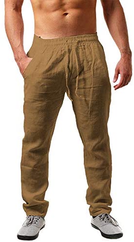 Karlywindow Mens Linen Pants Casual Loose Lightweight Drawstring Elastic Waist Summer Yoga Beach Trousers