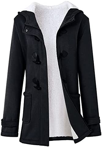 Women's Fuzzy Fleece Pea Coat Winter Casual Zip Up Button Jacket Fashion Warm Long Sleeve Hooded Outerwear with Pockets