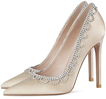 FSJ Women Fashion Rhinestone Chain Pendant Sexy Stilettos High Heels Wedding Pointed Toe Slip On Pump Party Office Dress Shoes Size 4-15 US