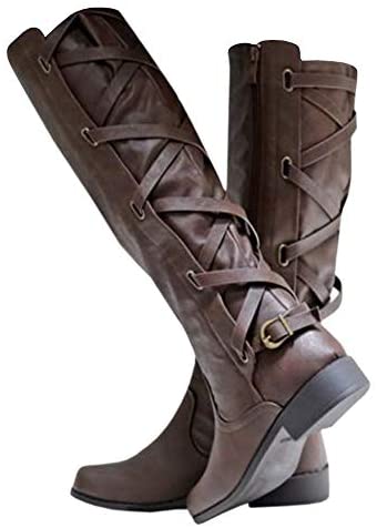 Womens Buckle Knee High Boots Riding Strappy Lace Up Pleated Low Heel Combat Boots