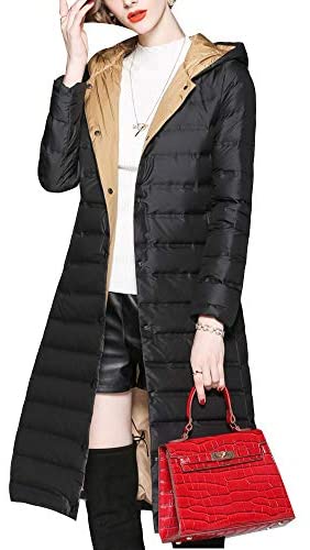 Women's Hood Knee Length Buckle Fashion Down Jackets Solid Long Sleeve Coat