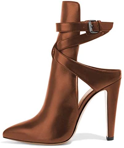 FSJ Women Pointed Toe Chunky High Heels Strappy Dress Bootie Pumps Ankle Wrap Slingback Sandal Shoes Size 4-15 M US