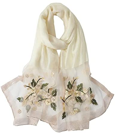 WINCESS YU Women Mulberry Silk Scarf Lightweight Embroidered Floral Shawl Wraps Beach Gauze Blanket Shawl for All Season