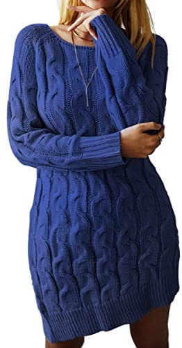 Sweater Dress for Women Long Sleeve Cable Knit Casual Crew Neck Mini Dress Warm Chunky Sweater Pullover