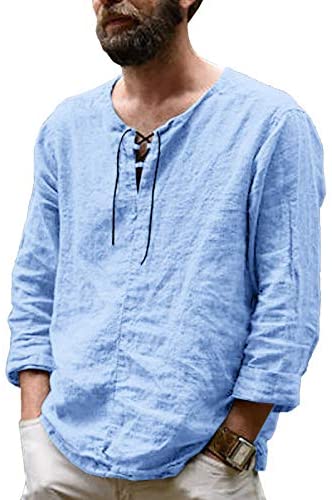 Men's Cotton Linen Henley Shirt Long Sleeve Drawstring Casual V Neck Lace-Up Plain Tops
