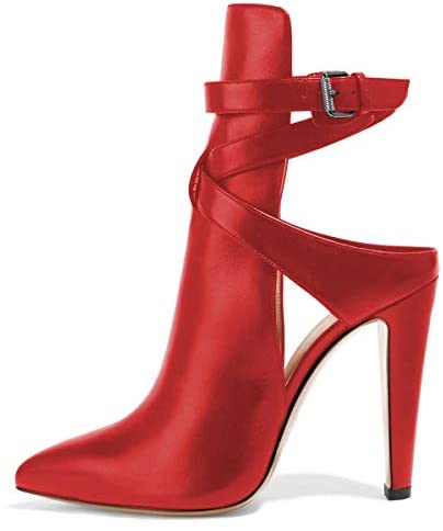 FSJ Women Pointed Toe Chunky High Heels Strappy Dress Bootie Pumps Ankle Wrap Slingback Sandal Shoes Size 4-15 M US