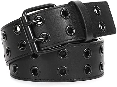 Double Grommet PU Leather Belt for Women/Men Punk metal Jean Belt Wide 1.5 Inch