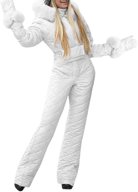 Womens Onesies Ski Suit Jumpsuit Outdoor Winter Skiing Jacket Snowsuit Fur Collar Coat with Hoodies Removable