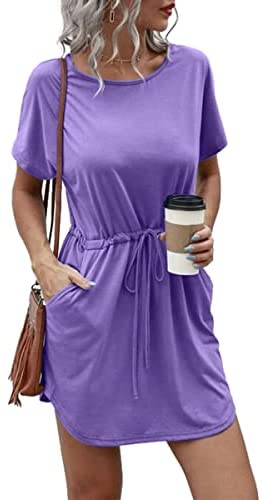 Dyexces Womens Dresses Tshirts Dress Summer Dresses Tunic Short Sleeve Crewneck Midi Dress with Pockets