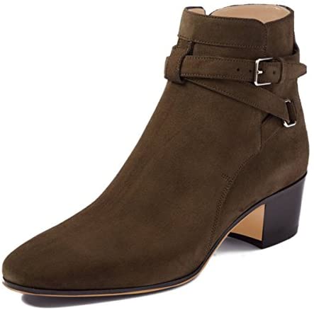 FSJ Women Elegant Round Toe Ankle Boots Comfortable Walking Mid High Chunky Heels Strappy Buckle Dress Shoes Size 4-15 M US