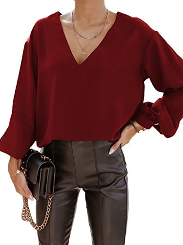 Zwurew Women's V-Neck Long Sleeves Elegant Blouse Solid Casual Office Workwear Basic Tunic Tops