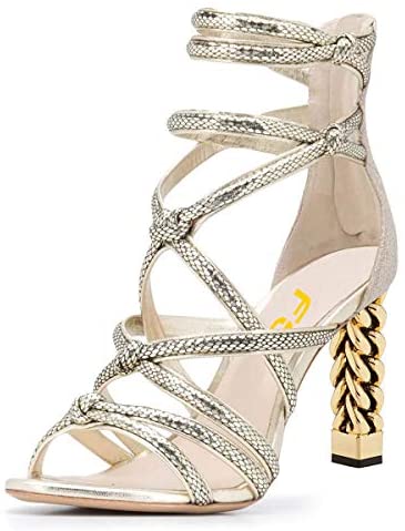 FSJ Women High Heels Strappy Ankle Straps Sandals Open Toe Back Zip Rhinestones Glitter Pumps Shoes Size 4-15 US
