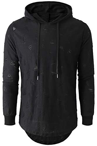 KLIEGOU Men's Hipster Hip Hop Hoodie Hole Tshirt 1705-2…