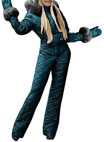 Womens Onesies Ski Suit Jumpsuit Outdoor Winter Skiing Jacket Snowsuit Fur Collar Coat with Hoodies Removable