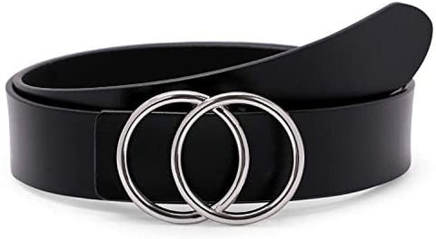 Women’s Leather Ring Belt for Jean, Mothers Day Gifts Double Circle Buckle Belts