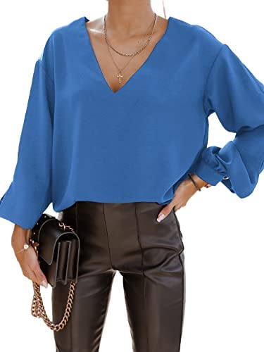 Zwurew Women's V-Neck Long Sleeves Elegant Blouse Solid Casual Office Workwear Basic Tunic Tops