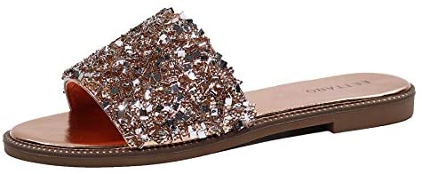 EETTARO Women's Glitter Shiny Slide Sandals Sparkle Fancy Flat Slippers Slip-on Jeweled Shoes