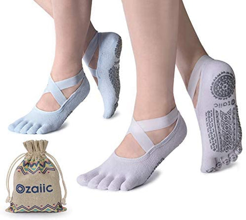 Ozaiic Yoga Socks for Women with Grips, Non-Slip Five Toe Socks for Pilates, Barre, Ballet, Fitness