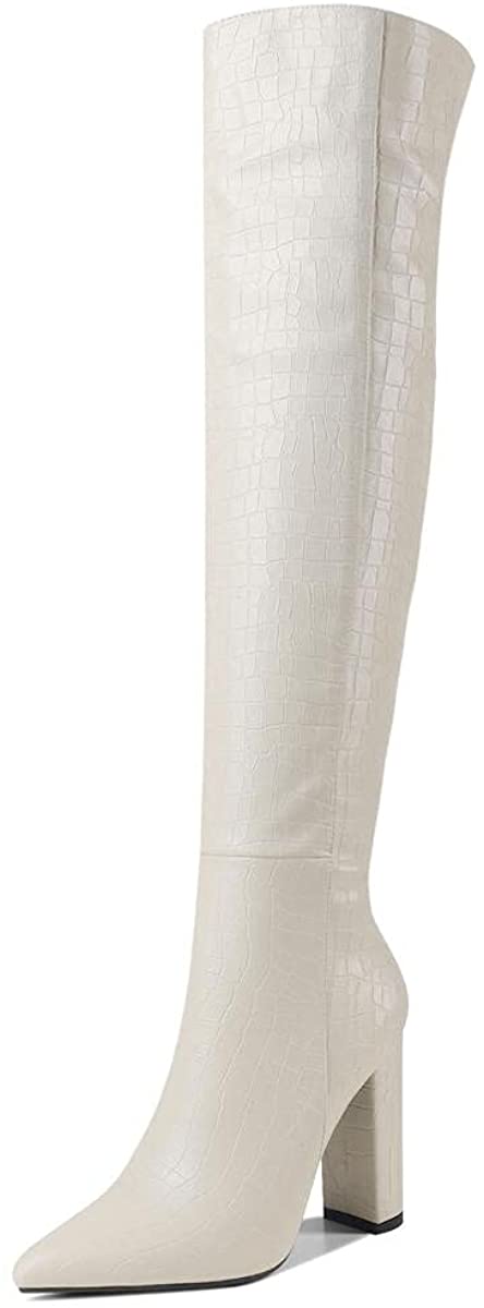 WAYDERNS Women's Leather Pointed Toe Crocodile Zip Animal Print Block High Heel Above The Knee Boots 4 Inch