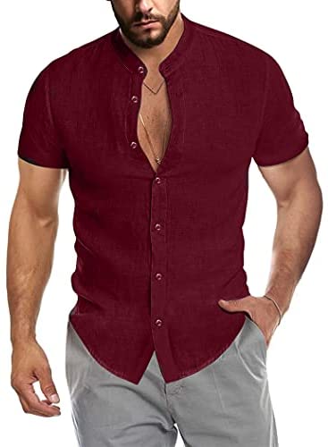Men's Casual Cotton Shirts Mandarin Collar Short Sleeve Button Down Shirt