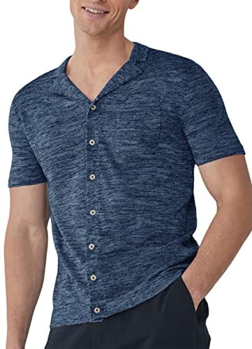 Mens Button Down Shirts Knitted Short Sleeve Casual Lapel V Neck Loose Fit Lightweight Tops with Chest Pocket