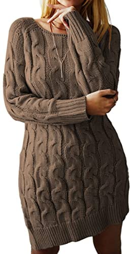 Sweater Dress for Women Long Sleeve Cable Knit Casual Crew Neck Mini Dress Warm Chunky Sweater Pullover