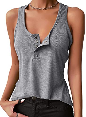 Dyexces Womens Tank Tops Scoop Neck Henley Pullover Summer Ribbed Sleeveless Button Up Cami Knit Tees Shirts