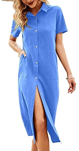 Women's Lapel Short Sleeve Summer Dress Solid Button Cardigan T-Shirts Casual Midi Dresses with Pocket