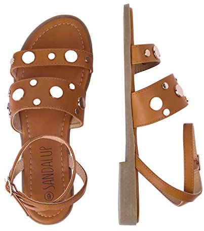 SANDALUP Rivets Studded Flat Sandals Open Toe Summer's Sandals for Women