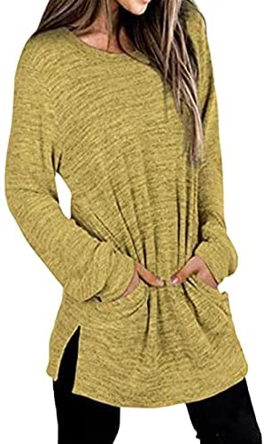 Women Loose Side Split Tunic T Shirt Casual Long Sleeve Sweatshirt Top with Pockets