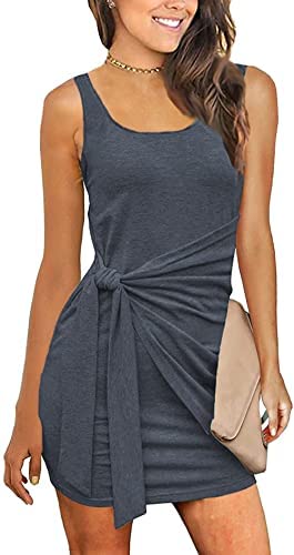 Women Sleeveless Ruched Tie Waist Sundress Tank Bodycon Mini Dress Basic Party Club Shirt Dress
