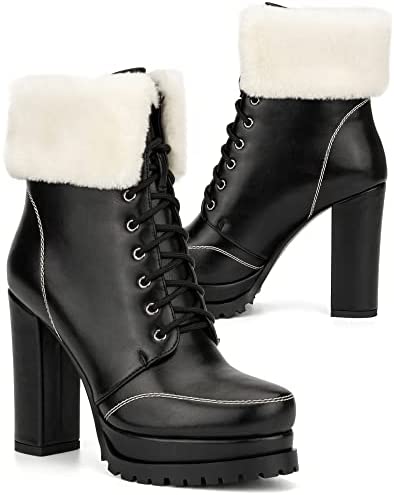 Torgeis Women’s Pearl Fashion Faux Leather Textile, Lace-Up Ankle Chunky Boots, Round Toe, Rubber Outsole