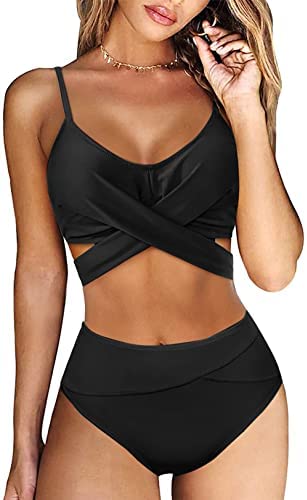 Zwurew Womens Cross Front High Waist Bikini Set Swimsuit Two Piece Lace Up Swimwear Bathing Suit