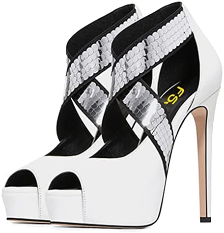 FSJ Women's Sexy Cross Strappy High Platform Stiletto Heels Dress Pumps Peep Toe High Heels Party Heeled Sandals with Silver Sparkle Shoes Size 4-15 US