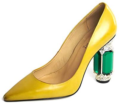 FSJ Women Leather Crystal Chunky High Heel Pumps Pointed Toe Slip on Wedding Parrty Dress Shoes Size 4-12 US